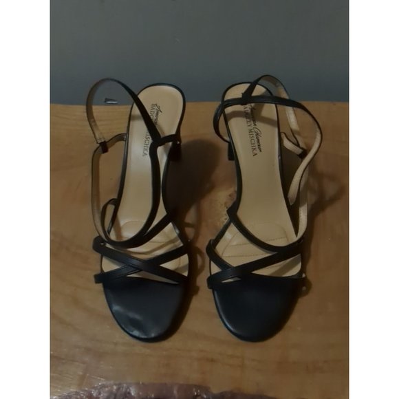 Badgley Mischka Size 8.5 Strappy Black Criss-Cross Heels Peep Toe - Picture 2 of 6